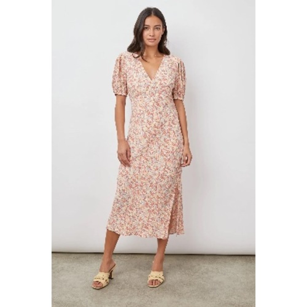 Rails Shelley Multi Wildflower Floral V-Neck Midi Dress Short Puff Sleeve Large